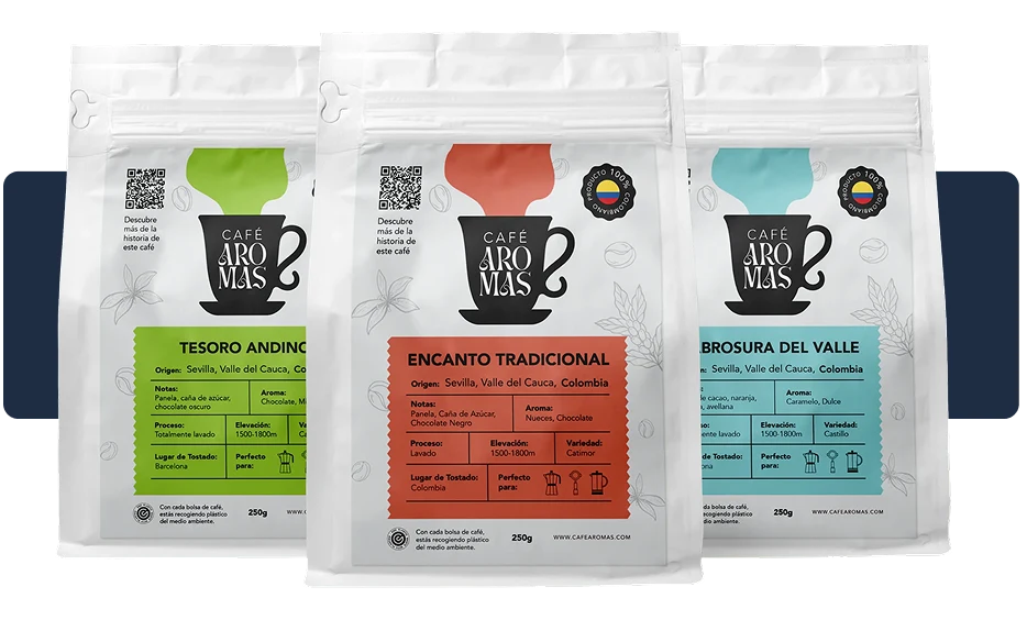 Tres bolsas de café colombiano de origen único de Café Aromas
