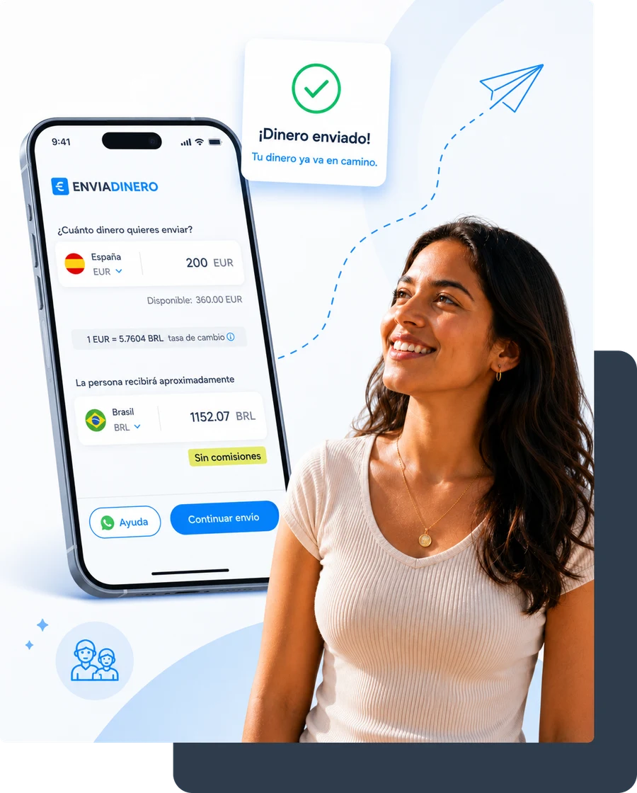 App de EnviaDinero enviando 200 EUR de España a Brasil, confirmado como enviado