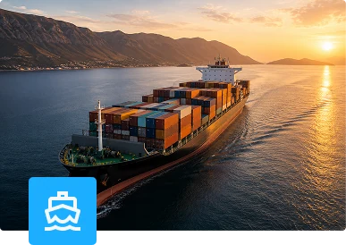 Buque portacontenedores navegando al atardecer, cargado de mercancía
