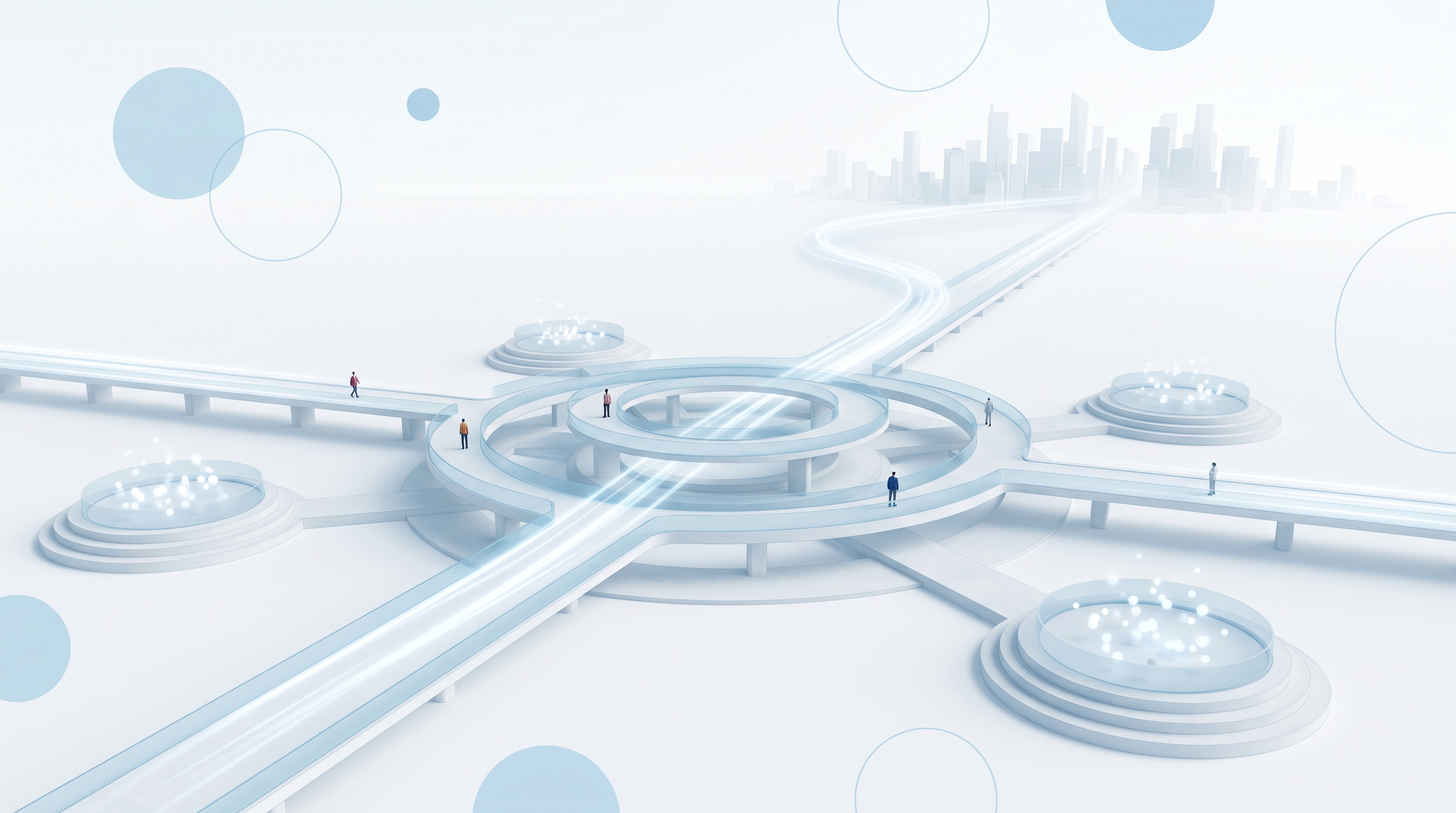 Abstract, pale-blue illustration of a central hub connected by elevated pathways to several outer platforms, with a glowing line of light flowing through the hub toward a distant city skyline, representing money moving across connected markets.