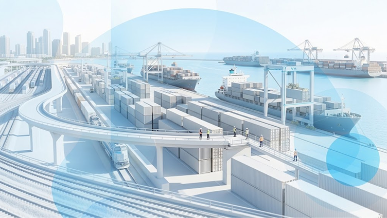 Modern port with shipping containers, cranes, container ships and a rail line, representing cross-border trade.